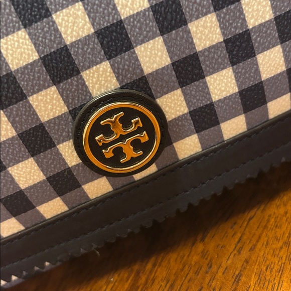 Tory Burch Leather Kerrington Gingham Crossbody Bag Blue White Gold Tone Chain - Picture 3 of 7